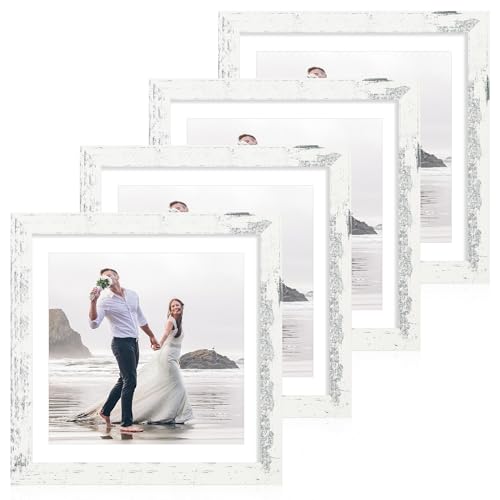 iRahmen 12x12 Picture Frame Set of 4 with Tempered Glass, Display 10x10 Pictures with Mat or 12 x 12 Without Mat, Wooden Photo Frames for Tabletop Display and Wall Mounting - color: Distressed White, size: 12X12