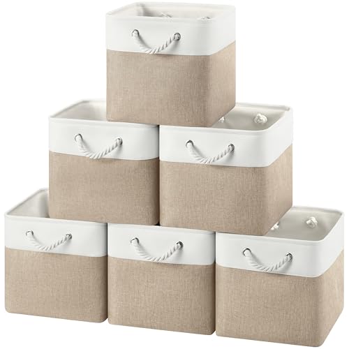 12x12 Inch Fabric Cube Storage Bins with Cotton Rope Handle 6-Pack | Top Support of Metal Frame, Bottom with Cardboard Support, Foldable Storage Bins for Closet, Bedroom, White Khaki - color: White Khaki