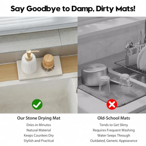Diatomaceous Earth Sink Organizer Tray Set, 3-Pack Fast Drying Water Absorbing Stone Soap Holder Caddy for Kitchen & Bathroom Counter, Faucet Splash Guard, Beige (1pc of 8"x3.8" + 2pcs of 3.8"x3.8") - color: 3 Pack - Beige - 1pc of 8"x 3.8" and 2pcs of 3.