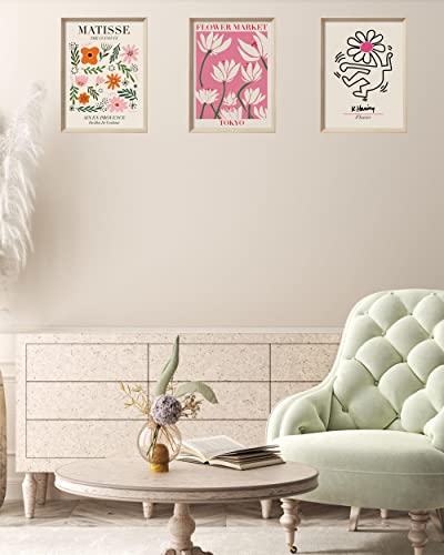 UPWOIGH Pink Floral Framed Wall Art, 12 x 16 Inch, Set of 3 | Matisse and Keith Haring Inspired Flower Prints, Pink Modern Art Designs, Light Wood Frames for Bedroom and Gallery Wall - color: Matisse Red Tokyo Flower MDF