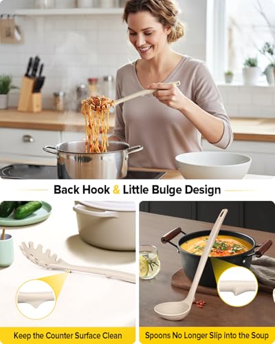 Silicone Pasta Fork and Soup Ladle Set, Heat Resistant Non Stick Kitchen Utensils with Back Hooks, Suitable for Cooking, Stirring, Serving Spaghetti, Soup, Sauce(KHAKI) - color: Khaki
