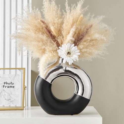 FJS Black and Silver Decorative Vase, Round Centerpiece for Table Decor | Ceramic Black Silver Vase for Pampas Grass, 10" L x 10" H Round Centerpiece for Living Room Decor, Coffee Table, Shelf Decor - color: Black & Silver, size: Super Large(10"L×10"H)