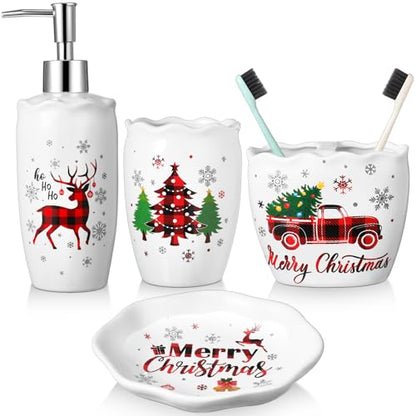 Christmas Bathroom Accessories Set of 4, Christmas Buffalo Bathroom Decor Merry Christmas Bathroom Tumbler Soap Dispenser Toothbrush Holder Soap Dish for Winter Xmas Theme Bathroom Decoration - style: Christmas