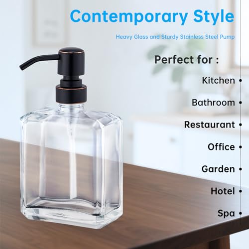 Clear Glass Soap Dispenser with Oil Rubbed Bronze Pump 2 Pack, 13.5 OZ Liquid Soap Dispenser Square with Stainless Steel Pump for Dish Hand Soap Bathroom Kitchen Vanity Countertop - color: Oil Rubbed Bronze, size: 2X13.5 oz