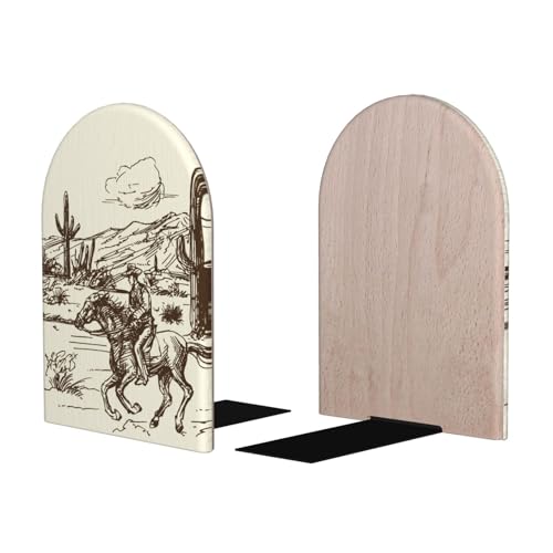 Western Cowboy Wood Bookends Stands Decorative Book Organizers | Non-Slip for Home Office Desk Library School Study 1 Pair - color: Sbl-003