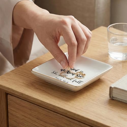 Christian Jewelry Dish Tray, God Is Within Her Bible Verse Ceramic Jewelry Tray for Rings Earring Bracelet Necklace, Christian Gifts for Women, Religious Gifts Trinket Dish for Women