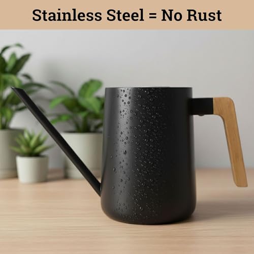 Metal Small Indoor Watering Can with Long Spout & Real Wood Handle, 35oz | Long Spout, Stainless Steel, Real Wood Handle, Gentle Flow, No Spills, Suitable for House Plants, Succulents & Seedlings - color: Black