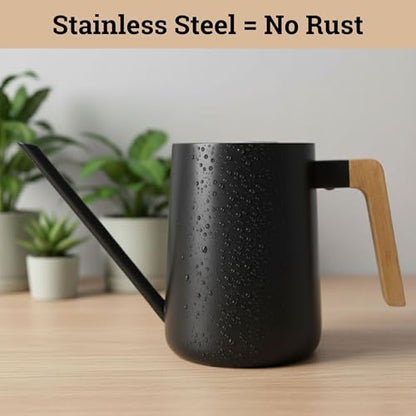 Metal Small Indoor Watering Can with Long Spout & Real Wood Handle, 35oz | Long Spout, Stainless Steel, Real Wood Handle, Gentle Flow, No Spills, Suitable for House Plants, Succulents & Seedlings - color: Black