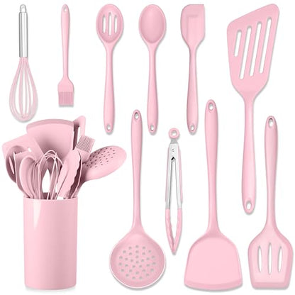 HaWare 11 PCS Silicone Cooking Utensils Set, Heat Resistant Kitchen Utensils with Holder, Food-grade Spatula Sets for Nonstick Cookware, Kitchen Tools Gadgets Include Fish Turner, Spoon (Pink) - color: Pink
