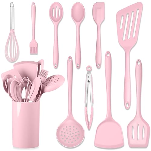 HaWare 11 PCS Silicone Cooking Utensils Set, Heat Resistant Kitchen Utensils with Holder, Food-grade Spatula Sets for Nonstick Cookware, Kitchen Tools Gadgets Include Fish Turner, Spoon (Pink) - color: Pink