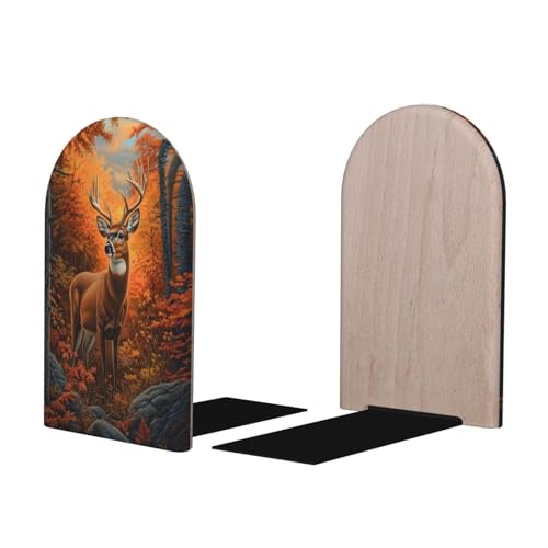 Autumn Forest Deer Wild Animal Bookends for Shelves 2 Pcs Wooden Book Stopper Organizer for Home Office Libraries