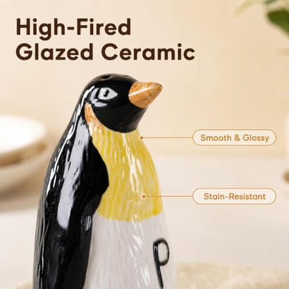 Ceramic Penguin Salt and Pepper Shakers Set Refillable Seasoning Dispensers | Set of 2 hand-painted ceramic penguin salt and pepper shakers with clear "S" and "P" labels and silicone stoppers.