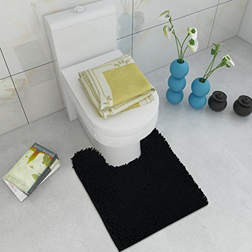 Standard 24"x21" U-Shaped Non-Slip Shaggy Chenille Toilet Contour Bathroom Rug with Water Absorbent, Black - color: Black, size: 24" x 21" (U-Shaped)