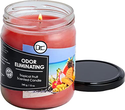 Tropical Fruit Odor Eliminating Highly Fragranced Candle - Eliminates 95% of Pet, Smoke, Food, and Other Smells Quickly - Up to 80 Hour Burn time - 12 Ounce Premium Soy Blend - color: Tropical Fruit
