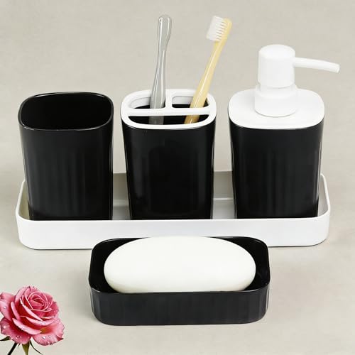 Bathroom Accessories Set 5pcs- Bathroom Set, Plastic Bathroom Accessory Sets with Lotion Soap Dispenser, Soap Dish, Toothbrush Holder, Toothbrush Cup, Vanity Tray, Boho, Modern Bath Decor, Matte Black - color: Black, size: 5 Piece