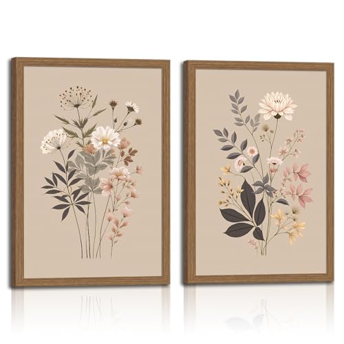2pcs Framed Botanical Canvas Prints - Neutral Floral Wall Art With Wildflowers - Minimalist Nature Posters For Living Room, Bedroom, Office Decor -Modern Flower Picture 12x16in - color: Retro Natural Wildflowers, size: 12x16in