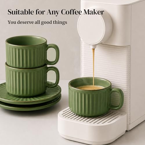 DOWAN Cappuccino Cup Set of 4, 8 OZ Ceramic Coffee Cups with Saucers, Coffee Mugs, Ribbed Espresso & Latte Cups Set, Elegant Stoneware for Home & Café Use - color: Green, size: 8 oz