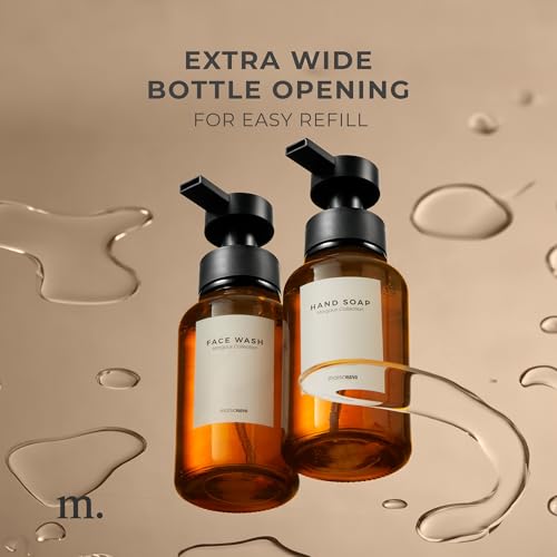 MaisoNovo Glass Foaming Soap Dispenser 14 Oz | Glass Bottles Pumps x 2 Amber with Tray - color: Amber Bottles/Black Plastic Pumps/Ceramic Tray