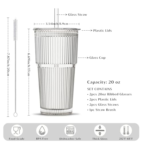 INSETLAN 20 oz Ribbed Glass Tumblers with Lids and Glass Straws – 2-Piece Glassware Set, Heavy-Duty Tumblers, Ideal for Iced Coffee, Smoothies, Cocktails, and Juices – Elegant and Durable Drinkware