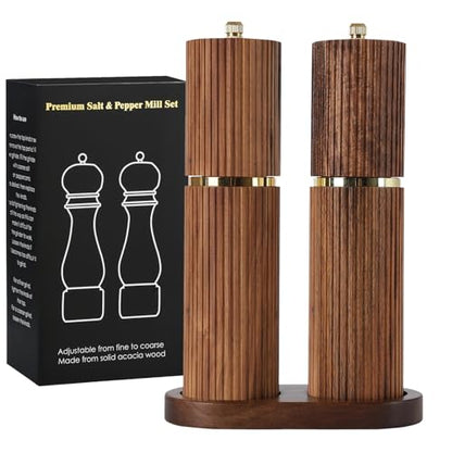 Wooden Salt and Pepper Grinder Set, Refillable Salt and Pepper grinder with adjustable Coarseness, Acacia Wood pepper mill manual, Salt and Pepper Shakers Matching Wooden tray-Ideal for Gifting - color: BURLYWOOD