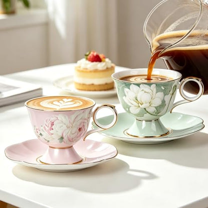 KAMMAK Tea Cups Set of 2,Ceramic Floral Pattern Demitasse Cup | Porcelain Espresso Cup with Saucer, 8.12 oz Handmade Elegant Bone China Tea Cups for Latte, Americano, Cappuccino - color: Sweet Dream & Lotus Melody