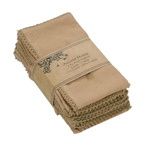 ACCENTHOME Brown Set of 6 18x18 inch Cotton Linen Dinner Napkins | Cotton Linen Blend Napkins, Machine Wash On Gentle Cycle, Economy Pack, Multi Purpose Use, Cotton - color: 28 - Brown - Lace, size: 18" x 18" (Set of 6)