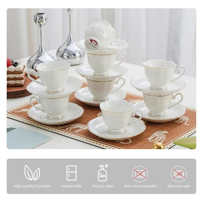 White Porcelain 75ml Demitasse Set of 8 (16-Piece) - 2.5oz Espresso Cups & Saucers, Elegant White & Gold Trim Coffee Set for Turkish Coffee, After Dinner, Gift Giving - size: 2.5oz