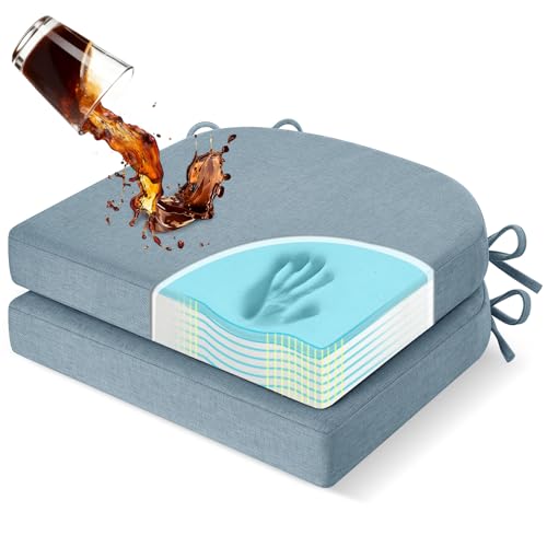 downluxe Chair Cushions for Dining Chairs, Memory Foam Linen Kitchen Chair Pads with Ties, Waterproof, Stain-Resistant and Washable Cover, 17" x 16" x 2.5", Light Blue, 2 Pack - color: Light Blue, size: Pack of 2