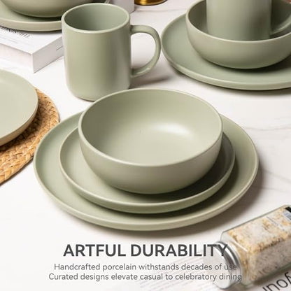 12-Piece Stoneware Dinnerware Set with Mugs | Microwave and Dishwasher Friendly | Stackable Matte Glaze Plates & Bowls | Service for 3 (Green for 3) - color: Green for 3
