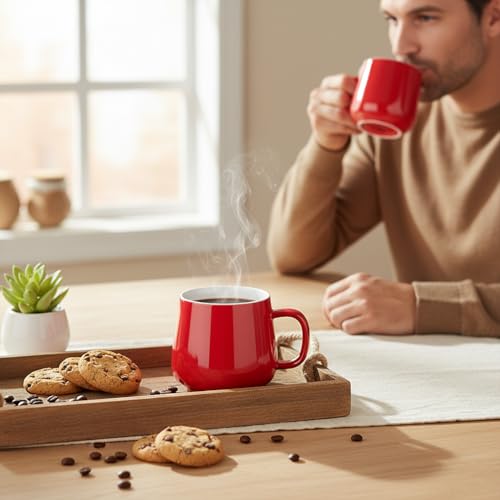Teocera Coffee Mugs Set of 6-12oz Chip-Resistant Ceramic Cups with Ergonomic Handle | Dishwasher & Microwave Safe Red Mugs | Keeps Beverage Hot, Perfect for Family Kitchen & Holiday Gifts - color: Red （Set of 6)
