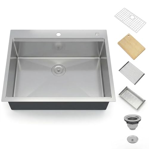 Kitchen Sink, Stainless Steel Workstation Basin, Deep Single Bowl with Ledge Design, Includes Drain Assembly, Grid, and Accessories, Undermount/Drop-in, 33 x 22 x 10 inch, Workstation Ledg - color: Workstation Ledg, size: 33 x 22 x 10 inch