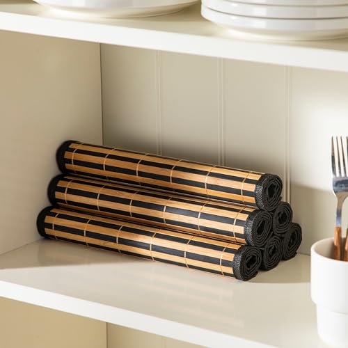 LOVECASA Placemats Set of 6, Bamboo Table Mats Set with Leaf Pattern, 18'' × 12'' Woven Placemat, Washable Heat-Resistant Place Mats for Kitchen, Black Leaf - color: Black