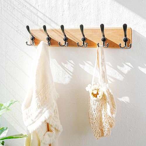 Coat Rack Wall Mounted - 24" Long 6 Tri Hooks, Heavy Duty Wooden Wall Coat Hanger Coat Hook for Clothes Hat Jacket Clothing, Weathered Yellow and Black - color: Weathered Brown & Black, size: L=24"
