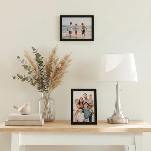 Americanflat 4x6 Picture Frame - Slim Molding - Black | Shatter-resistant glass, wall or tabletop display with included easel, triangle hangers included, secure turn-tab backing - color: Black, size: 4x6