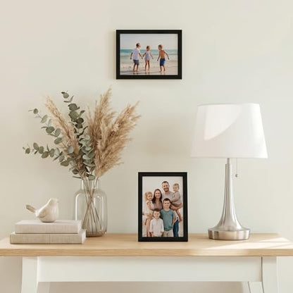 Americanflat 4x6 Picture Frame - Slim Molding - Black | Shatter-resistant glass, wall or tabletop display with included easel, triangle hangers included, secure turn-tab backing - color: Black, size: 4x6