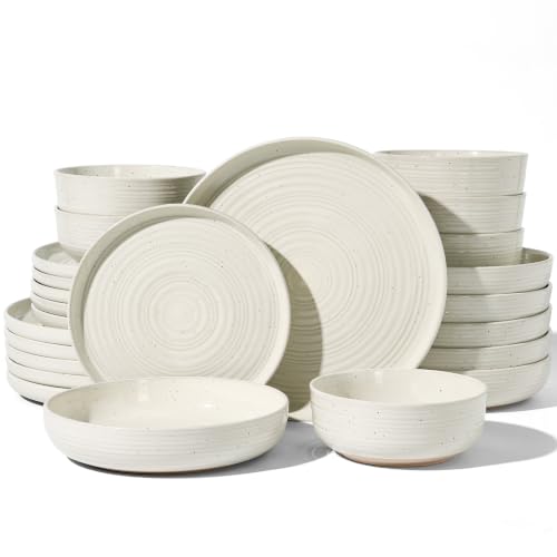 Stoneware Dinnerware Sets with Pasta Bowls, Service for 6 | 24-Piece Ceramic Plates and Bowls, Speckled Spiral Dishes, Chip & Scratch Resistant, Microwave & Dishwasher Safe, White Honey - color: Cream, size: Service for 6 (24pc) - Double Bowls