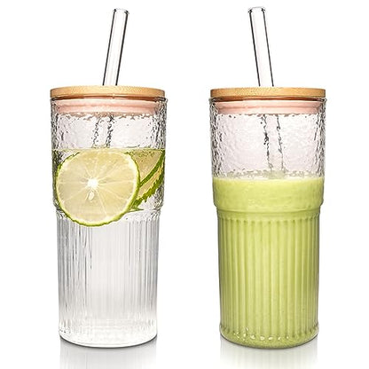 ANOTION 2Pcs 22 oz Iced Coffee Cups Drinking Glasses Iced Coffee Cup | Reusable Smoothie Cup Glass Tumbler Water Glasses Ribbed Glassware - color: Pink Lids