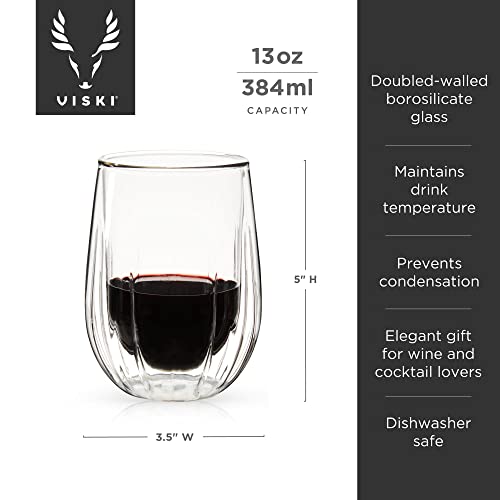 Viski Insulated Double Walled Stemless Wine Glasses, Drinking Glass with Cut Crystal Design, Home Bar Accessories, Glassware, 13 oz, Set of 2, Clear - style: Double-Walled Wine Glasses