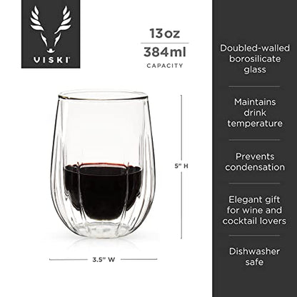 Viski Insulated Double Walled Stemless Wine Glasses, Drinking Glass with Cut Crystal Design, Home Bar Accessories, Glassware, 13 oz, Set of 2, Clear - style: Double-Walled Wine Glasses
