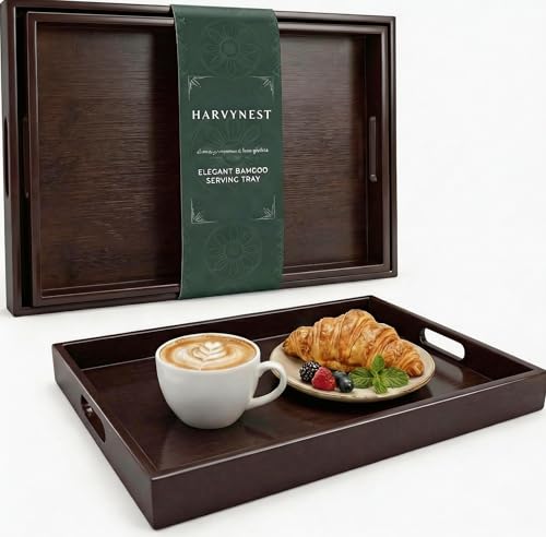 Dark Brown Bamboo Serving Tray Set of 2 with Handles, Nesting Wooden Trays for Serving Food & Drinks, Rectangular Coffee Table Ottoman Tray for Living Room Decor, Large 16.9” & Small 15.6” - color: Dark Brown - Straight Edge