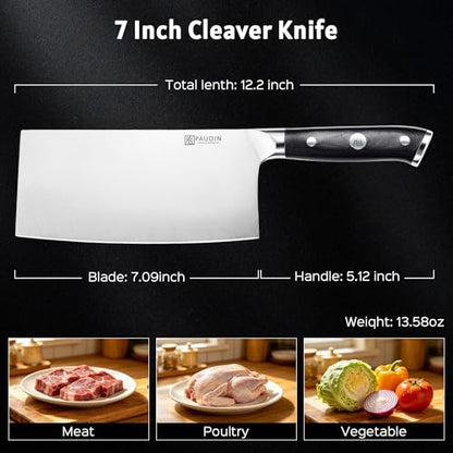 PAUDIN Cleaver Knife 7 Inch, Razor Sharp Chinese Chef Knife Dishwasher Safe, German High Carbon Steel Vegetable Cleaver with G10 Handle, Meat Slicing Slicer, Daily Meal Prep for Home and Restaurant - color: Cleaver - 7 inch