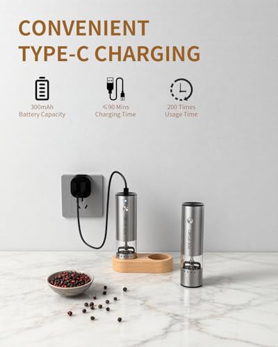 CIRCLE JOY Mini Rechargeable Salt and Pepper Grinder Set with Wooden Base, Dust Cover and External Adjustment, Stainless Steel Electric Pepper Mill Grinders for Kitchen, Outdoors and Travel, Silver - color: MINI Rechargeable Set with Wooden Base