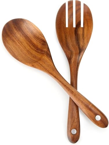 MYRAINBOW Salad Tongs, Wooden Spoons, Salad Tongs for Serving, 10-inch Serving Utensils Set Salad Servers Set Kitchen Cooking Utensil (Natural Wood)