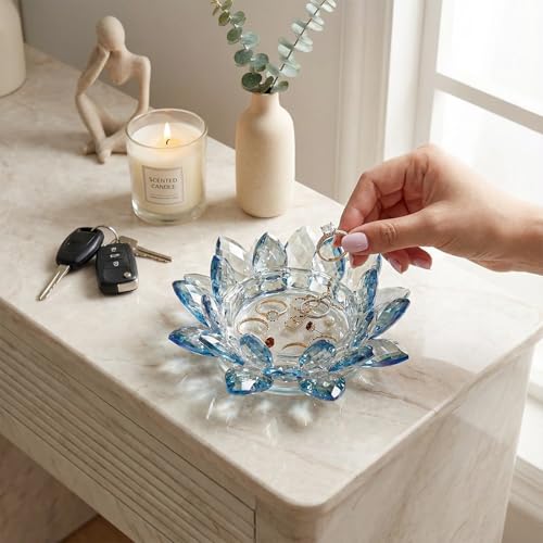 Crystal Flower Jewelry Tray, Luxury Transparent Decorative Trinket Dish for Rings, Earrings, Necklaces, Keys for Vanity Dresser Nightstand, Elegant Gift for Women Mother's Day (1, 6.3"(W)- Blue) - size: 6.3"(W)- Blue