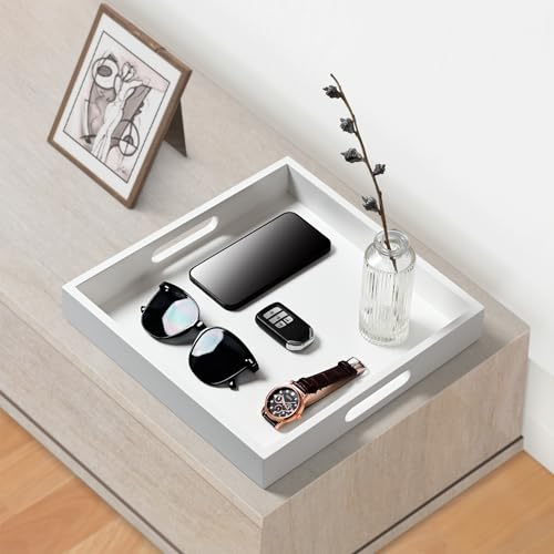 White Wooden Serving Tray with Handles, 12"x12"x2"H Square Countertop Organizer Tray， Decorative Cosmetics Trays for Kitchen, Bathroom, Sturdy Food Trays for Breakfast, Tea