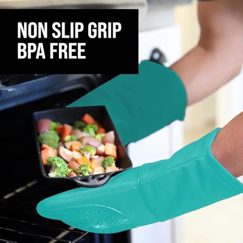 BPA-Free Soft Silicone Oven Mitts - Ultra Heat Resistant Oven Mitts with Thick Cotton Liner - Long Slip Resistant Pot Holders, Flexible Oven Gloves - Turquoise 13.7" - color: Turquoise, size: 2-Piece 13.7" Oven Mitts