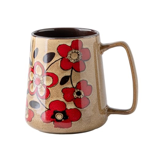 24 oz Extra Large Ceramic Coffee Mug Vintage Floral Cup with Handle | Oversized Pottery Latte Tea mug with Big handle, Lead-free, Microwave Dishwasher safe, Red with Hand-painted Flowers - color: Khaki
