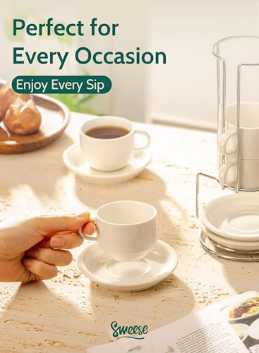 Sweese 2.5 Ounce Porcelain Stackable Espresso Cups with Saucers and Metal Stand Set of 4, White - color: White, size: 2.5 Ounces
