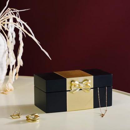 Wooden Keepsake Box - Black & Gold Boxes with Bow Accent, Decorative Storage Gift Box for Jewelry Love Letters Photos, 6.93" W
