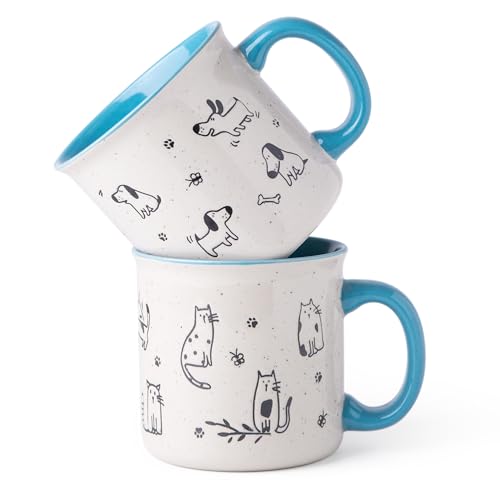 AmorArc 22 OZ Large Ceramic Coffee Mugs Set of 2, Oversized Mugs With Big Handle for Men Women Dad Mom, Big Mug With Textured Dogs Cats Patterns for Office & Home -Microwave Safe, 2 Pcs-Blue - color: French Blue